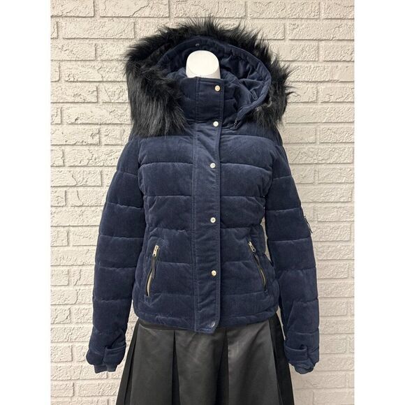 Royal Matrix Women Navy Removable Faux Fur Hoodie Quilted Coat Size XS - Picture 1 of 14